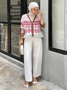 DAZY Cárdigan de punto holgado de manga larga con estampado de cuadros de colores contrastantes, estilo retro y casual para mujer, moda modesta de otoño/invierno - Marrón - Ver 4