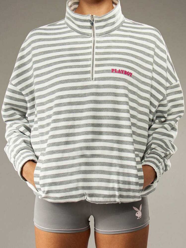 Missguided x Playboy Striped Half Zip Pullover Sweatshirt