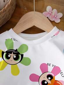 THE POWERPUFF GIRLS X SHEIN Moletom casual fofo com estampa de flor, bolhas e botão de ouro para bebês meninas, adequado para uso diário na primavera/outono
