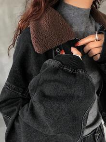 FRIFUL 女式秋季落肩羊羔绒领拉链休闲宽松牛仔夹克 - 黑色 - 查看 6