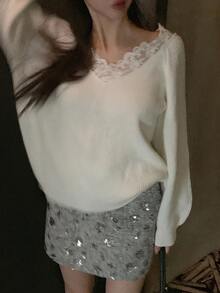 DAZY Áo len dài tay nữ màu trơn phối ren, kiểu dáng thường ngày, thích hợp cho lễ hội Carnival. - trắng - Xem 3