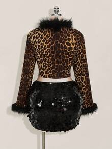 SHEIN ICON 大码女式豹纹 Y2k 毛绒装饰系带短款夹克秋冬女装 - 彩色 - 查看 2