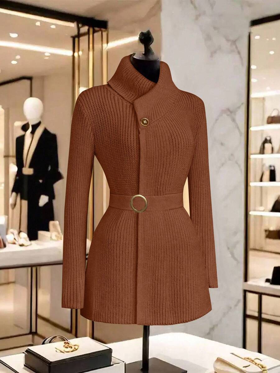 GlowEve Áo khoác cardigan dệt kim dài tay màu trơn có thắt lưng dành cho nữ, Thu/Đông - Gỗ đỏ - Xem 1