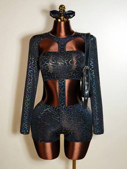 Mistrie Ladies' Black Long-Sleeved Irregularly Cutout Sequined Print One-Piece Pants Shorts,Autumn 70's Concert Party Disco Halloween Festival Fashion