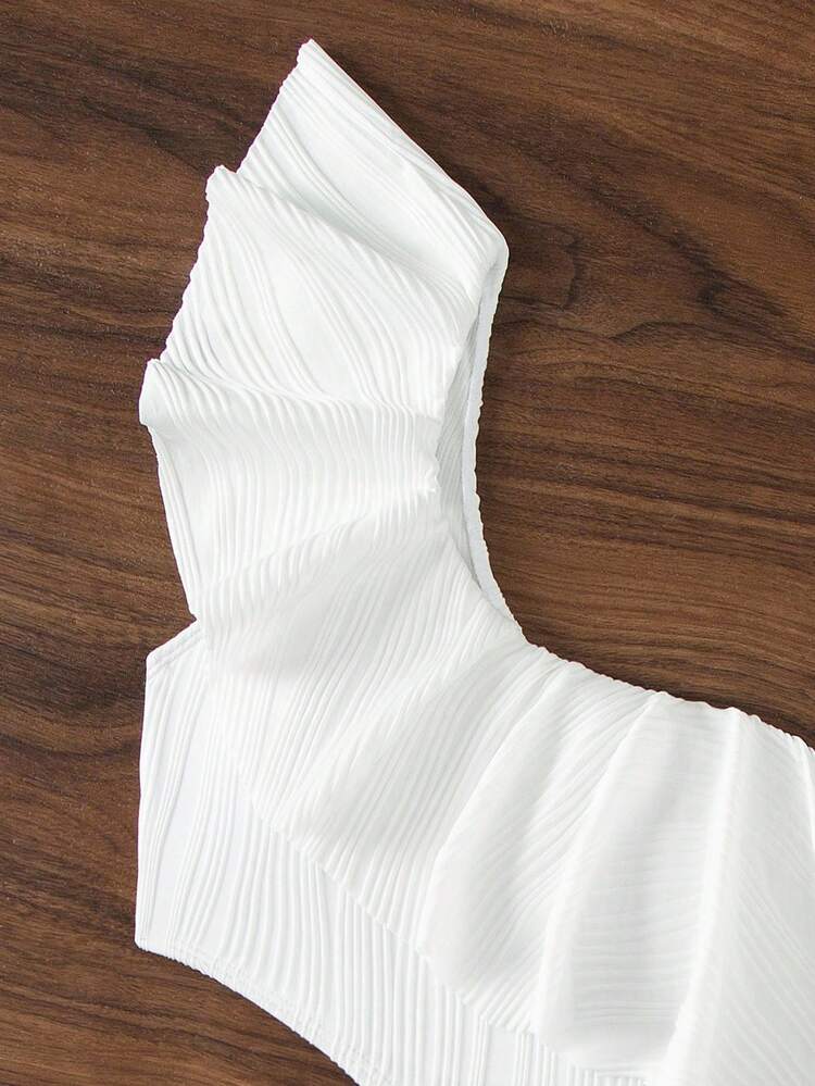 SHEIN Swim Summer Beach Women One Piece Swimsuit With Solid Color, Splicing Design, Ruffle Trim, One Shoulder, Simple And Fashionable For Vacation - White - View 8