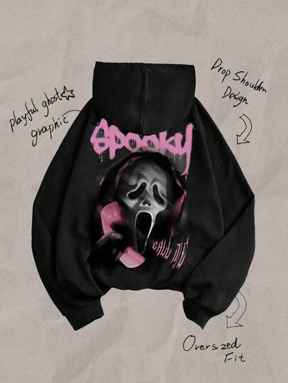 SHEIN 万圣节幽灵图案宽松卫衣，休闲舒适，适合青少年女孩，秋冬季穿着。