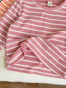 SHEIN LMoss Kids LMoss Young Girl 3pcs Young Girl Knit Striped Round Neck Casual Top Set