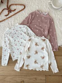 LMoss Kids 3 st stickat set med söta björnar och frukter för babyflicka, volangkrage och casual toppar