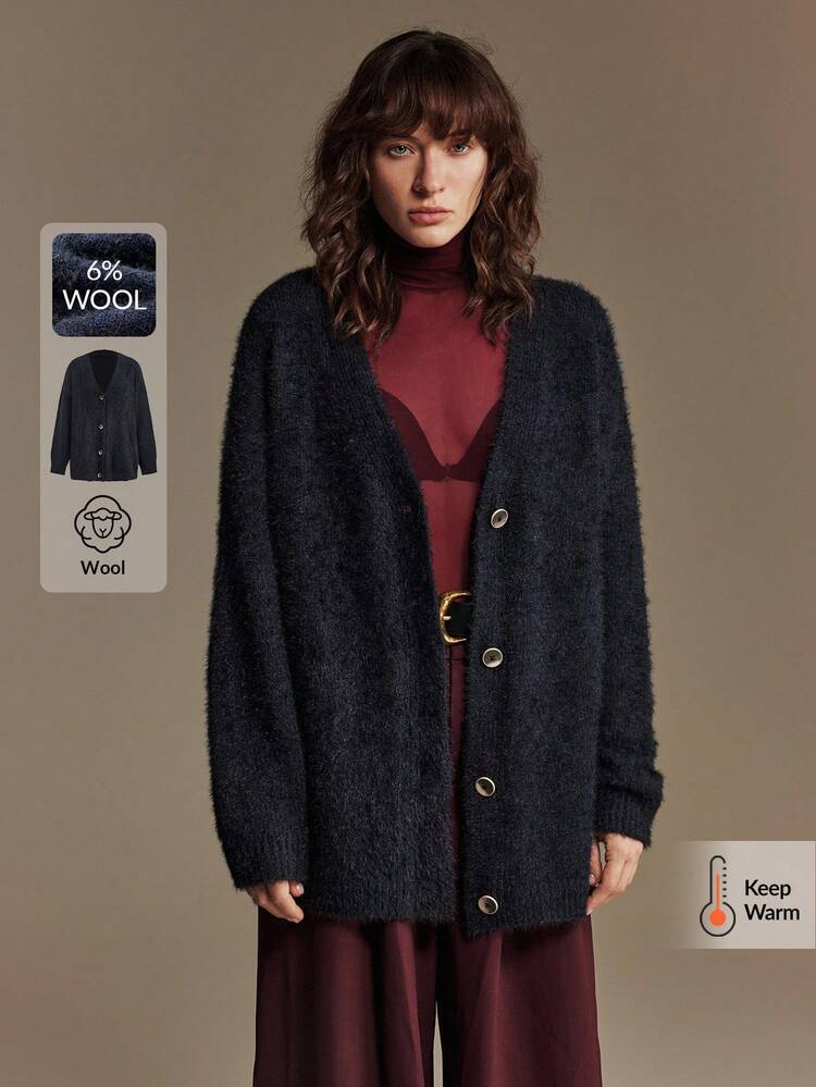 Women's Black Oversized Autumn Everyday Loose Knit Cardigan With Side Pockets,Elegant Urban Chic Professional Business Casual For Workplace&Office