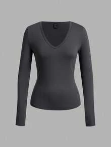 SHEIN EZwear 3 件套女士休闲深 V 领修身长袖 T 恤套装，适合秋冬季，95% 纯棉 - 彩色 - 查看 7