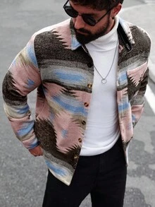 Manfinity Homme 休闲街头风格宽松长袖前扣男士夹克，适合秋季 - 彩色 - 查看 3