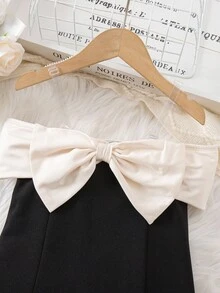 SHEIN Young Girl Cute & Elegant Color Block Bowknot Dress