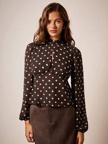 COSMINA 女式波尔卡圆点印花中式领长袖镂空设计时尚衬衫 - 彩色 - 查看 6