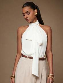 L'Amorae Double Layer Chiffon Bow Tie Neck Blouse - White - View 1