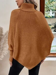 LanaWest 休闲宽松纯色百搭高领蝙蝠袖女式毛衣 - 鏽棕色 - 查看 2