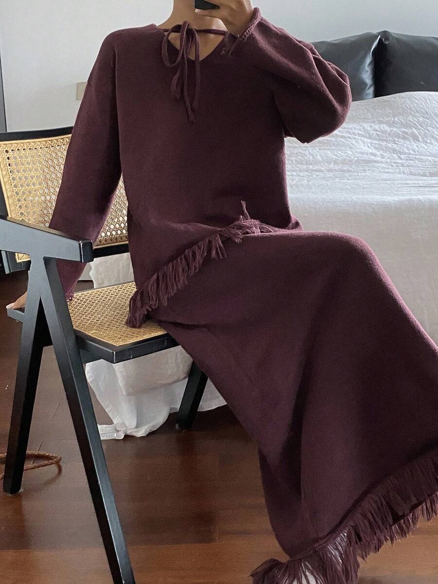 DAZY 女式纯色系带领流苏下摆毛衣和针织裤休闲两件套，秋冬 - 酒紅色 - 查看 1
