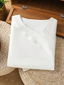 Franclia Women's Solid Color Asymmetrical Oblique Collar Casual Blouse Top, Suitable For Work And Leisure, Autumn - White - View 5