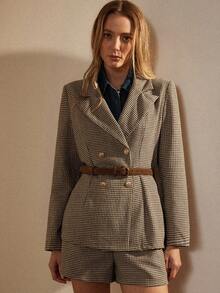 Écloséra 2 件套女士休闲法式复古千鸟格西装外套和短裤套装，秋冬