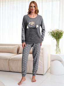 RueChic Slogan & Cartoon Embroidered Flannel PJ Set - Grey - View 4