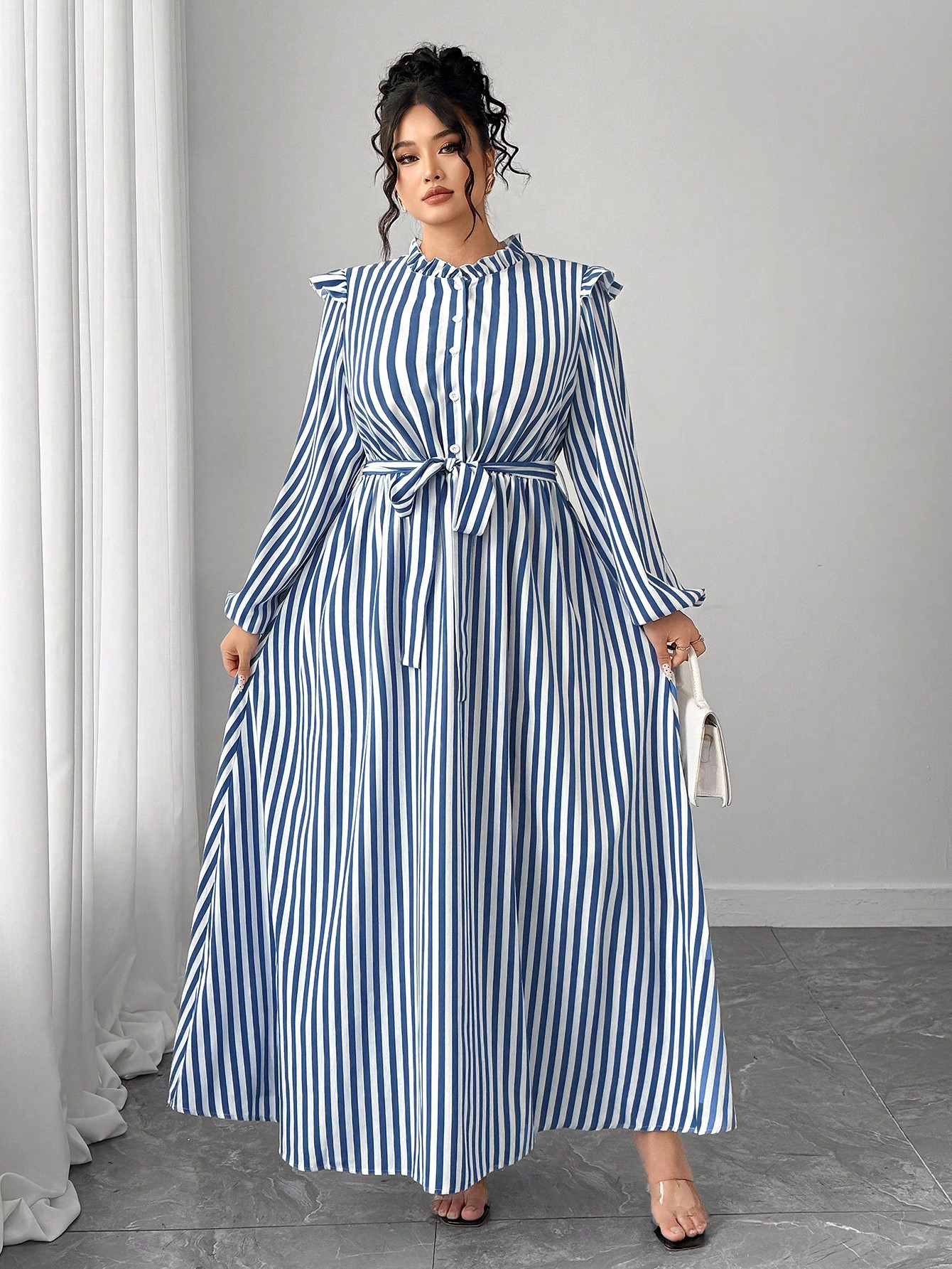 Elenzga فستان كاجوال بأكمام طويلة مع تصميم أزرار و...