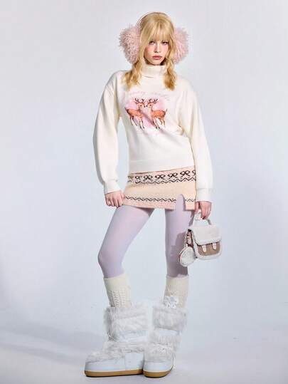 ROMWE Avant Y2K Fairisle Cream Heart & Cross Jacquard Faux Fur Wrap Tie Waist Split Hem Knit Mini Skirt For Women