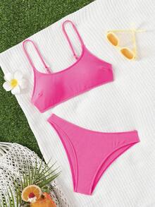 SHEIN Swim Women's Solid Color Pink Bikini Set For Summer Beach, Bathing Suit Set - Hot Pink - View 4