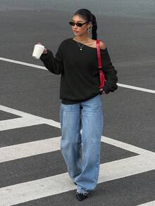 Muchica Áo nỉ vai chéo rộng rãi có lót nhiệt cho nữ, màu đen, mùa thu/đông - màu đen - Xem 4