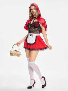ROMWE Avant 4pcs Halloween Cosplay Mushroom Girl Cloak Set, Lace & Satin Patchwork Bowknot Decor Wireless Bra Costume - Multicolor - View 6