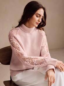 Anewsta 优雅粉色镂空蕾丝高领柔软女士毛衣，秋冬 - 淡紫色 - 查看 1