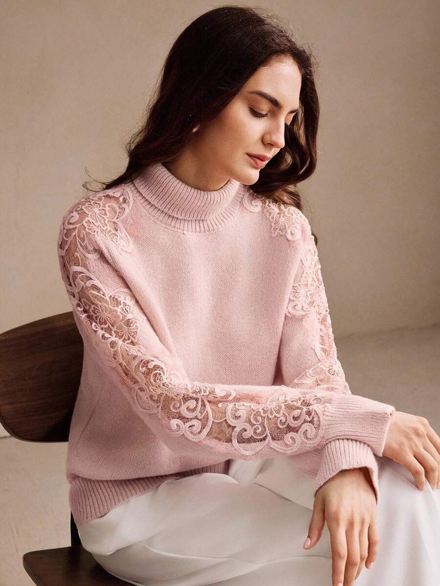 Anewsta 优雅粉色镂空蕾丝高领柔软女士毛衣，秋冬 - 淡紫色 - 查看 1