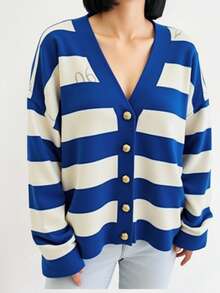 EURMUSE Women's Contrast Color Stripe Oversized Open Front Knit Cardigan - Multicolor - View 5