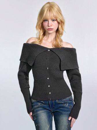 J-Fashion Maglione di moda a maniche lunghe con spalle scoperte, design con bottoni, colore unito, adatto per autunno/inverno