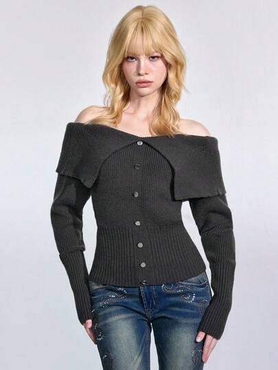 J-Fashion Femmes Couleur Unie Épaule Dénudée Manches Longues Bouton Design Mode Pull, Automne/Hiver