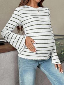 SHEIN Maglietta casual a girocollo con maniche a sbuffo e righe per donne in gravidanza, versatile per l'autunno