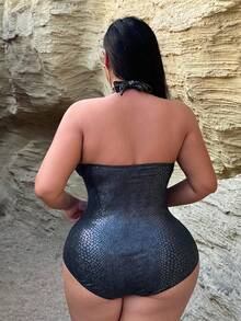 Swim SXY 大码女式高弹力特殊面料深V领性感别致连体泳衣 - 黑色 - 查看 2