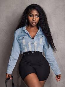 Slaydiva 女士休闲时尚做旧短款牛仔夹克，春秋季 - 淺色水洗藍 - 查看 4