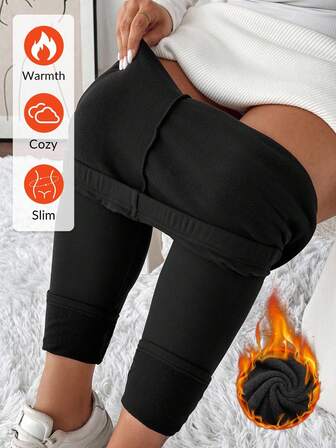 SHEIN LUNE Plus Size Fleece Solid Color Warm Leggings, Autumn/Winter,Upgraded Thermal Fabric, High Elasticity For Comfort, Stylish And Versatile Without Looking Bulky, Suitable For Daily Casual Wear Black Leggings.