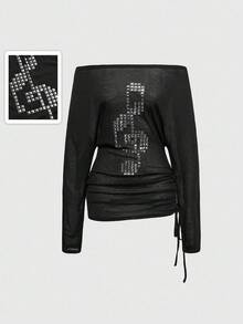 ROMWE Grunge Punk Spring/Summer Casual Black Graphic Punk Style Cross Rivet Off Shoulder Women Kpop Long Sleeve T-Shirt Top - Black - View 5