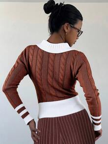 RueChic Cardigan da donna con collo a contrasto, motivo a trecce, collo a polo e zip - Castano - Visualizzare 2