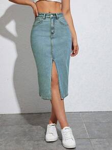 Jeanoix Falda vaquera mini con ranura delantera y color sólido de moda para mujer - Azul lavado medio - Ver 4