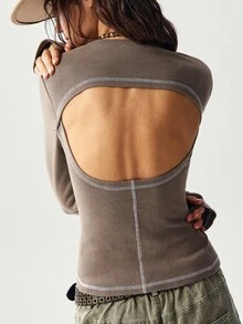 Bohemela BOHO Casual Solid Color Knit Long Sleeve Backless Women Top, Autumn - Mocha Brown - View 3