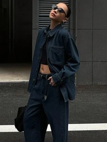 DAZY 女士休闲口袋衬衫和阔腿牛仔裤套装，秋季 - 藍色 - 查看 5