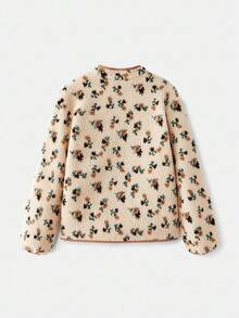 lacRébo 奶油色花卉印花羊羔绒夹克，撞色滚边和按扣开合，秋冬秋季女装秋冬 - 杏色 - 查看 8