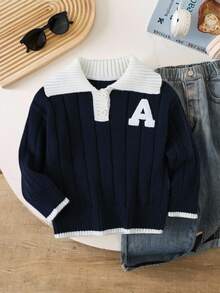 SHEIN Genkimix Kids 小男孩厚字母贴花半拉链针织毛衣，长袖，秋冬 - 藏蓝色 - 查看 4