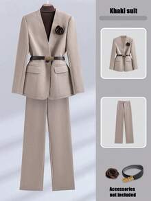 Franclia 女士优雅 V 领收腰长袖套装、直筒裤和西装外套，适合返校、教师服装、专业工作服 - 卡其色 - 查看 8