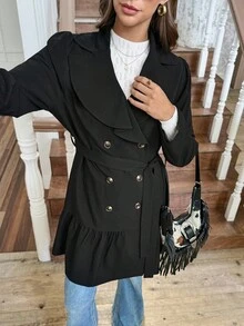 SHEIN LUNE Autumn/Winter Western Style Ruffle Collar Khaki Belted Long Sleeve Trench Coat For Women, Button Closure, Ruffle Hem, Practical Pockets "LanaWest" - Black - View 6