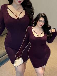 Flirla Fashionable Ribbed Bodycon Sweater Dress With Waist Cinching Design, Deep Purple, Autumn/Winter - Purple - View 1