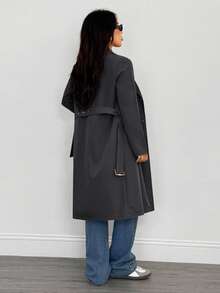 SHEIN PETITE 女士复古长袖风衣，冬季，新年夜，商务长款外套风衣 - 灰色 - 查看 2