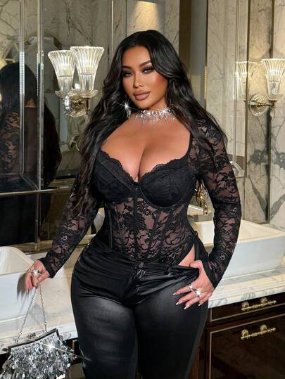 NU&NOW Body in pizzo taglie forti per donna, body elegante aderente a maniche lunghe, adatto per tutte le stagioni