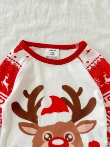SHEIN Babygirl 可爱卡通图案圣诞舒适贴身长袖家居服套装 - 紅白色 - 查看 5